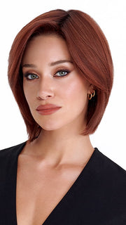 Model is wearing SHEER JOY by TRESSALLURE in color 33/130/R4 | Dark Auburn Bright Auburn Blend Rooted Dark Brown
