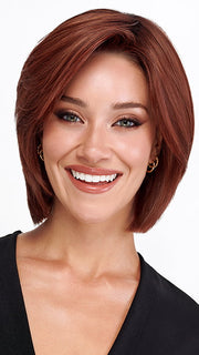 Model is wearing SHEER JOY by TRESSALLURE in color 33/130/R4 | Dark Auburn Bright Auburn Blend Rooted Dark Brown