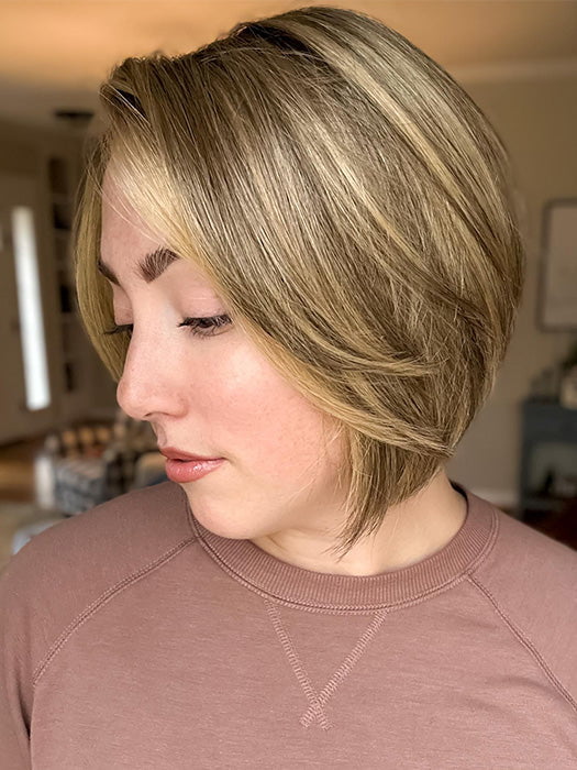 Jen Brown @being_mrs_brown wearing SHELBY by JON RENAU in color 24BT18S8 SHADED MOCHA | Medium Natural Ash Blonde & Light Natural Gold Blonde Blend, Shaded with Medium Brown