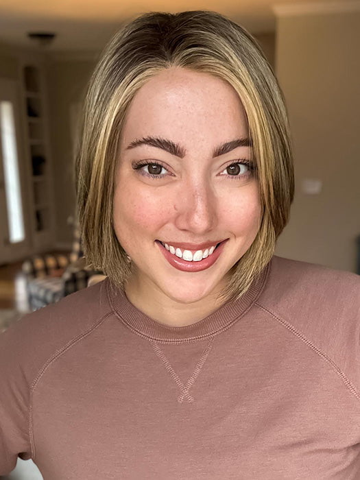 Jen Brown @being_mrs_brown wearing SHELBY by JON RENAU in color 24BT18S8 SHADED MOCHA | Medium Natural Ash Blonde & Light Natural Gold Blonde Blend, Shaded with Medium Brown