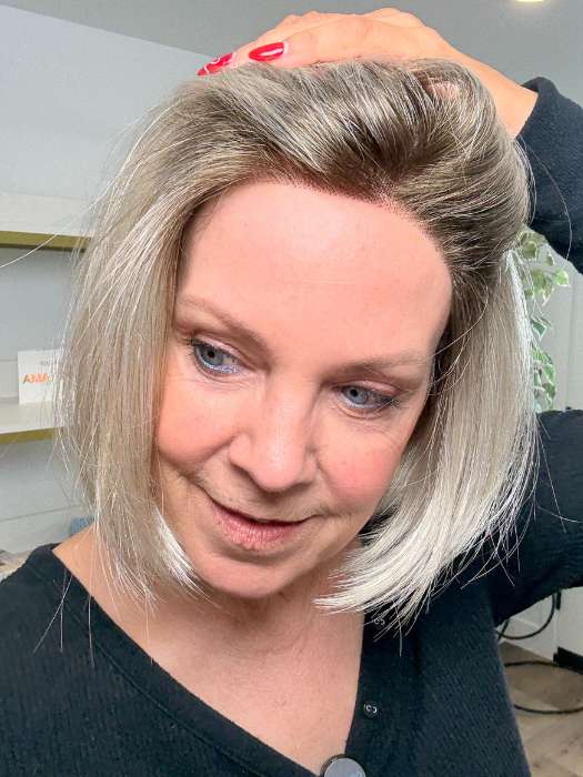 Susan @an_affair_with_hair wearing SHELBY by JON RENAU in color FS17/101S18 PALM SPRINGS BLONDE | Light Ash Blonde with Pure White Natural Violet Bold Highlights, Shaded with Dark Natural Ash Blonde