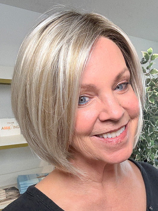 Susan @an_affair_with_hair wearing SHELBY by JON RENAU in color FS17/101S18 PALM SPRINGS BLONDE | Light Ash Blonde with Pure White Natural Violet Bold Highlights, Shaded with Dark Natural Ash Blonde