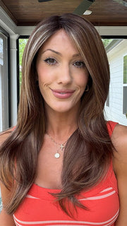 Jenna Fail @jenna_fail wearing SHILO BY NORIKO in ALMOND SPICE-R | Rooted Dark Brown with Medium Brown Base with Honey and Platinum Blonde Highlights