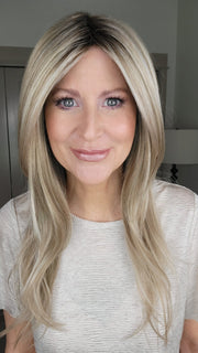 Natalie Gray @vanish.into.thin.hair wearing SHILO by NORIKO in color MOCHA H | Rooted Dark Brown with Medium Ash Blonde and Platinum Blonde Highlights