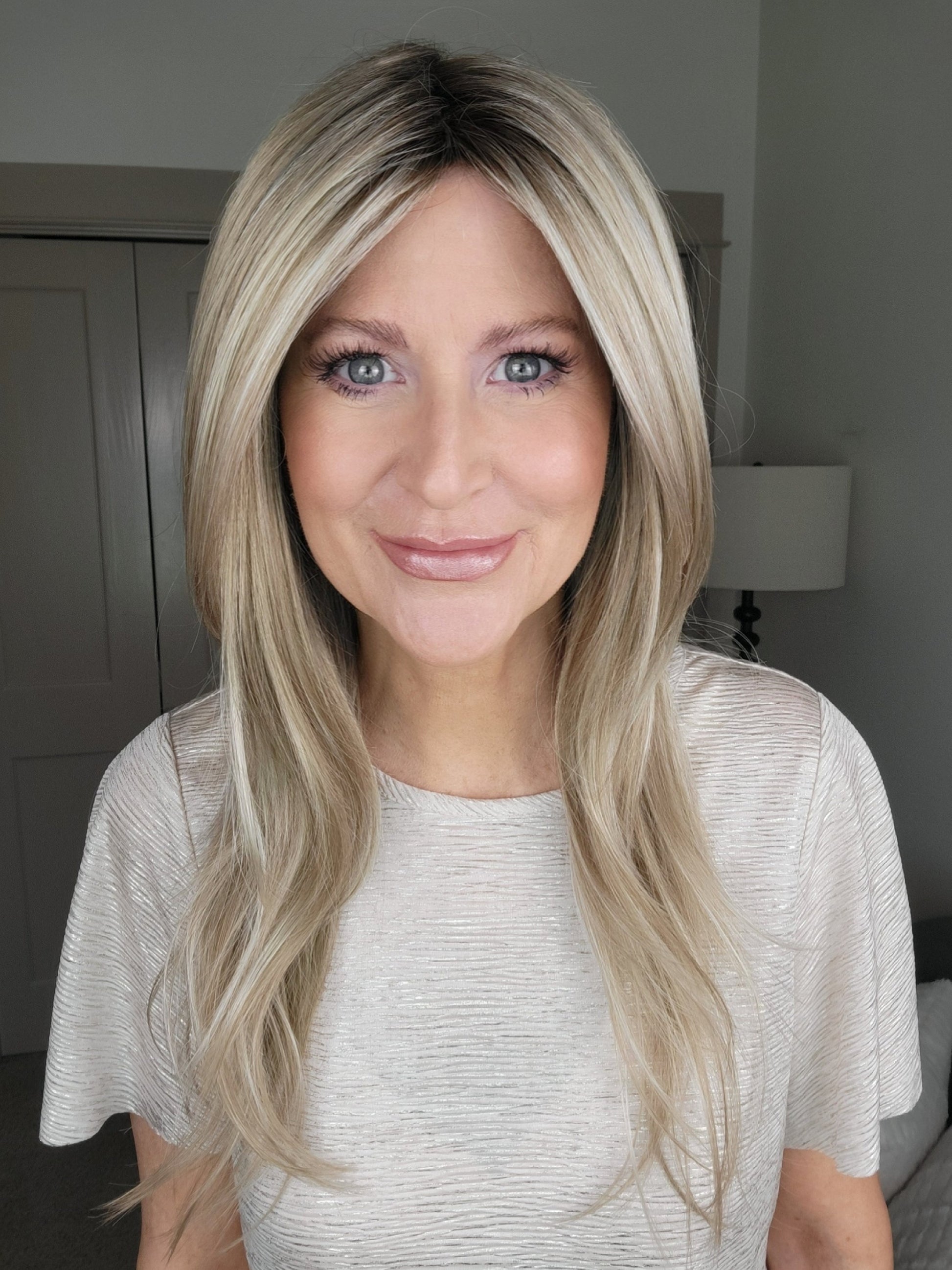 Natalie Gray @vanish.into.thin.hair wearing SHILO by NORIKO in color MOCHA H | Rooted Dark Brown with Medium Ash Blonde and Platinum Blonde Highlights