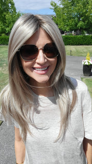 Natalie Gray @vanish.into.thin.hair wearing SHILO by NORIKO in color MOCHA H | Rooted Dark Brown with Medium Ash Blonde and Platinum Blonde Highlights