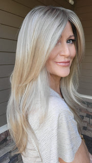 Natalie Gray @vanish.into.thin.hair wearing SHILO by NORIKO in color MOCHA H | Rooted Dark Brown with Medium Ash Blonde and Platinum Blonde Highlights