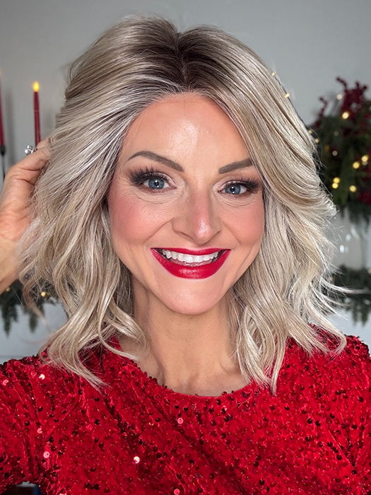 Sandy @i_be_wiggin wearing SIMMER by RAQUEL WELCH WIGS in color RL19/23SS SHADED BISCUIT | Light Ash Blonde Evenly Blended with Cool Platinum Blonde and Dark Roots