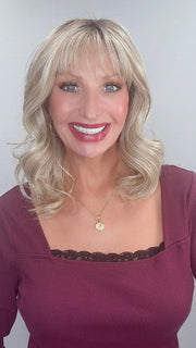 Kim Hammon @letstalkwithkim wearing SIMONE by BELLE TRESS in color BUTTERBEER R | Dark Brown Base and Root that transitions smoothly into a buttery blonde, infused with creamy honey and toffee tones