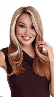 Model is wearing SIZZLE by TRESSALLURE in color EL12/22/8 | Light Golden Brown Evenly Blended with Platinum Blonde Highlights with Medium Brown Roots