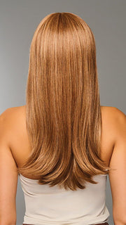 Model is wearing SLEEK SOPHISTICATION by RAQUEL WELCH in color RL30/27 RUSTY AUBURN | Medium Auburn Evenly Blended with Strawberry Blonde
