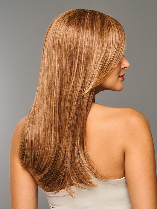 Model is wearing SLEEK SOPHISTICATION by RAQUEL WELCH in color RL30/27 RUSTY AUBURN | Medium Auburn Evenly Blended with Strawberry Blonde