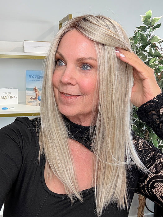 Susan Sparks @sparkles_intheworld wearing SLEEK by ELLEN WILLE in color PEARL BLONDE ROOTED 101.20.25 | Pearl Platinum Blended with Light Strawberry Blonde and Lightest Golden Blonde with Shaded Roots