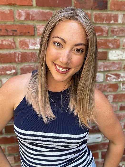 Jen Brown @being_mrs_brown is wearing SLEEK by ELLEN WILLE in shade POWDER BLONDE TIPPED | Light Brown and Lightest Ash Blonde with Red Violet Blended with Pale Pink and Lighter Tipped Ends