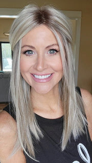 Natalie @vanish.into.thin.hair wearing SLEEK by ELLEN WILLE in color PEARL BLONDE ROOTED 101.20.25 | Pearl Platinum Blended with Light Strawberry Blonde and Lightest Golden Blonde with Shaded Roots | styled