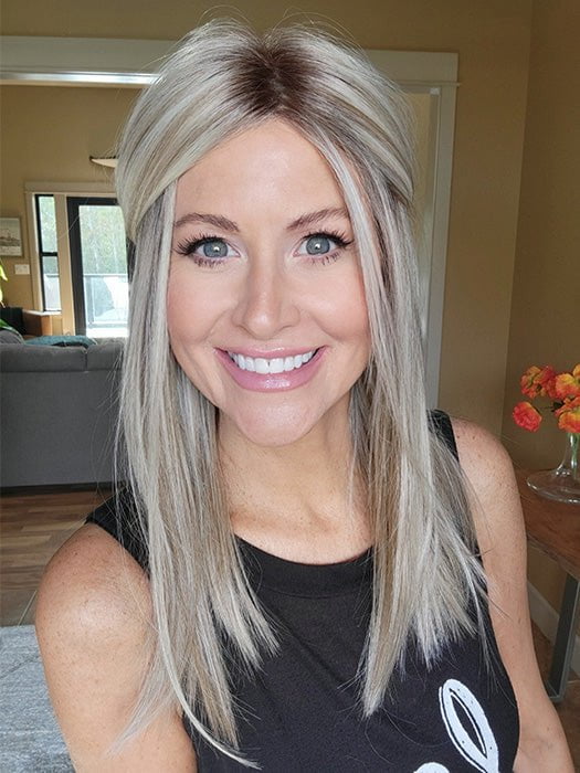 Natalie @vanish.into.thin.hair wearing SLEEK by ELLEN WILLE in color PEARL BLONDE ROOTED 101.20.25 | Pearl Platinum Blended with Light Strawberry Blonde and Lightest Golden Blonde with Shaded Roots | styled