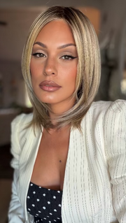 Roxie is wearing SLOANE by JON RENAU in 12FS8 SHADED PRALINE | Light Gold Brown, Light Natural Gold Blonde & Pale Natural Gold-Blonde Blend, Shaded with Medium Brown