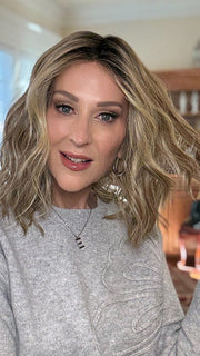 Eileen @crazywiglady is wearing SOMERS by ESTETICA in color RH12/26RT4 | Light Brown with Chunky Golden Blonde Highlights & Dark Brown Roots