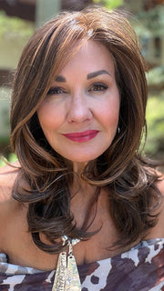 Ellen @agingwithellen is wearing BROOKLYN by BELLE TRESS in color MOCHA MAPLE BROWN | A mix of Dark Brown, Medium Brown, Light Auburn, Medium Strawberry
