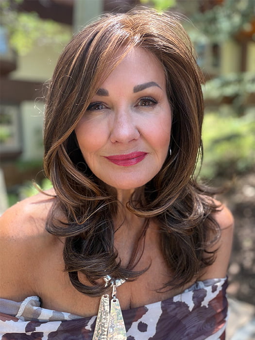 Ellen @agingwithellen is wearing BROOKLYN by BELLE TRESS in color MOCHA MAPLE BROWN | A mix of Dark Brown, Medium Brown, Light Auburn, Medium Strawberry
