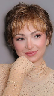Maha wearing SPARKLE PETITE by RAQUEL WELCH in R9F26 MOCHA FOIL | Warm Medium Brown with Medium Golden Blonde Highlights Around the Face