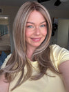 Rayann @50shadesofraaayyy wearing SPEARS by BELLE TRESS in color BROWN SUGAR BLONDE-R | A warm, dimensional blend of medium brown and golden blonde highlights with natural-looking darker roots for depth and a sun-kissed finish.