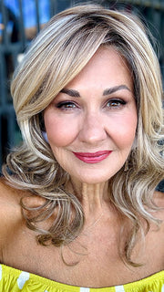 Ellen @aging.with.ellen is wearing SPICY by JON RENAU in color 12FS8 SHADED PRALINE | Light Gold Blonde & Pale Natural Blonde Blend, Shaded with Dark Brown