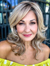 Ellen @aging.with.ellen is wearing SPICY by JON RENAU in color 12FS8 SHADED PRALINE | Light Gold Blonde & Pale Natural Blonde Blend, Shaded with Dark Brown