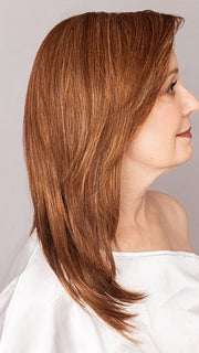 Mel wearing color R3025S+ GLAZED CINNAMON | Medium Auburn with Ginger Blonde Highlights on Top