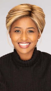 Sophia wearing PIXIE LITE by TRESSALLURE in color EL12/22/8: Light Golden Brown Evenly Blended with Platinum Blonde Highlights with Medium Brown Roots