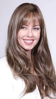 Model is wearing TORY V by BelleTress in color TOASTED WALNUT R | Medium Brown Rooted, Ash Brown, Medium Gold Blonde, and Light Brown Blended to perfection