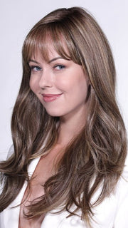 Model is wearing TORY V by BelleTress in color TOASTED WALNUT R | Medium Brown Rooted, Ash Brown, Medium Gold Blonde, and Light Brown Blended to perfection