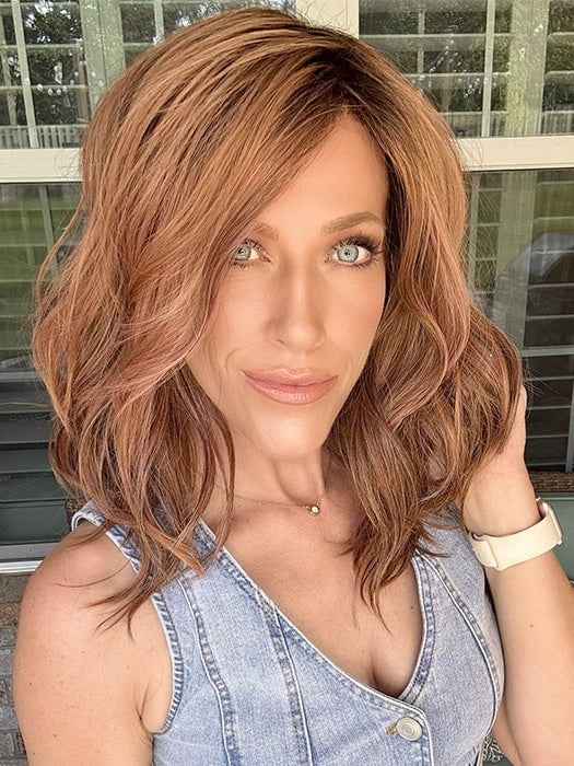 Kristyna @kristynamoore wearing TABU by ELLEN WILLE in color ROSEWOOD ROOTED | Medium Dark Brown Roots that Melt into a Mixture of Saddle Brown and Terra-Cotta Tones with Dark Roots