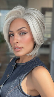 Model is wearing TAILORED ALLURE by RAQUEL WELCH in color TAILORED ALLURE in color RL51/61 ICED GRANITA | Lightest Grey Progresses to a Deep Grey at the Nape