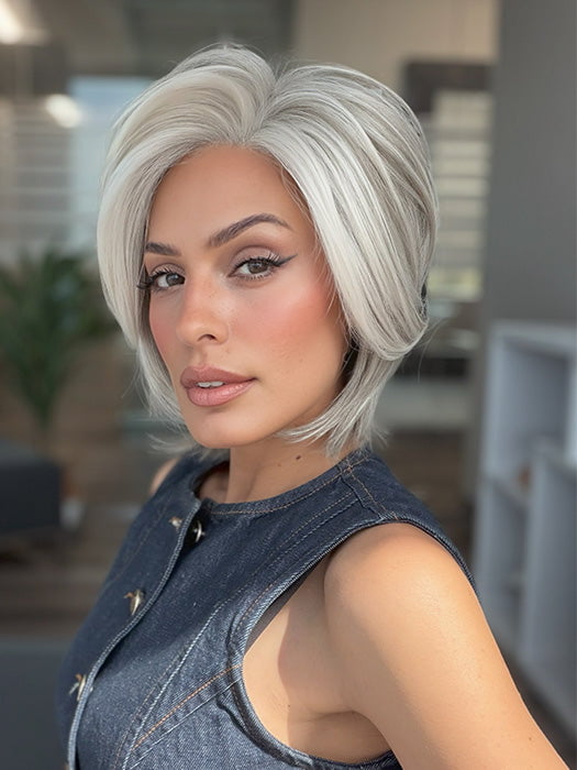 Model is wearing TAILORED ALLURE by RAQUEL WELCH in color TAILORED ALLURE in color L51/61 ICED GRANITA | Lightest Grey Progresses to a Deep Grey at the Nape