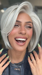 Model is wearing TAILORED ALLURE by RAQUEL WELCH in color TAILORED ALLURE in color RL51/61 ICED GRANITA | Lightest Grey Progresses to a Deep Grey at the Nape