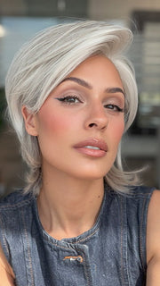 Model is wearing TAILORED ALLURE by RAQUEL WELCH in color TAILORED ALLURE in color RL51/61 ICED GRANITA | Lightest Grey Progresses to a Deep Grey at the Nape