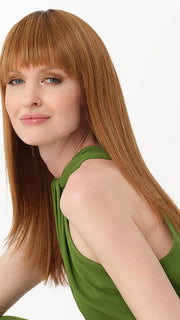 TARYN by ENVY in color CREAMED COFFEE | Medium Brown roots and base with Cinnamon and Golden Blonde highlights