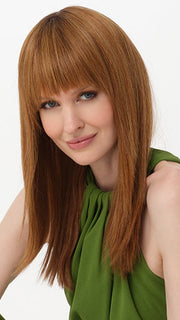 TARYN by ENVY in color CREAMED COFFEE | Medium Brown roots and base with Cinnamon and Golden Blonde highlights