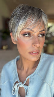 Roxie is wearing TESS by JON RENAU in color 92 MOONLIGHT | Pure White with 5% Medium Brown Front, Grey with 30% Medium Brown Middle, Dark Brown with 65% Grey Nape