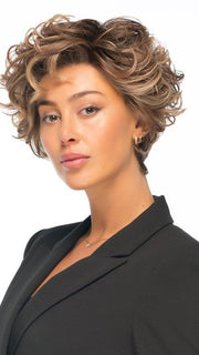 TWISTED PIXIE in color EL17/23/R8 | Pale Auburn Beige Blonde Blend, Rooted Medium Brown, Highlighted Light Blonde with face framimg highlights