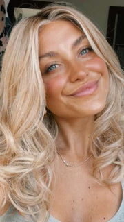 Chloe @chloebeaushannon wearing DIVA by ELLEN WILLE in color SAHARA-BEIGE-ROOTED 26.20.25 | Light Golden Blonde, Light Strawberry Blonde, and Lightest Golden Blonde blend with Dark Shaded Roots

