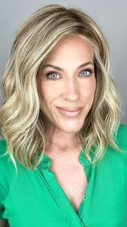 Kristyna @kristynamoore wearing WAVY DAY by RAQUEL WELCH WIGS in color RL16/21SS SHADED SAND | Light Blonde shaded with Medium Brown
