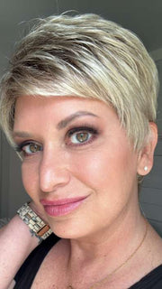 Emily H. @she_sheds_more wearing TAB by ELLEN WILLE in color SANDY BLONDE ROOTED | Medium Honey Blonde, Light Ash Blonde, and Lightest Reddish Brown blend with Dark Roots
