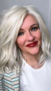 Marcie @wig.obsessed wearing WAVY DAY by RAQUEL WELCH WIGS in color RL16/22 ICED SWEET CREAM | Pale Blonde with Slight Platinum Highlighting