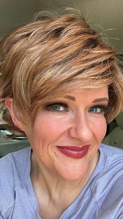 Marcie @wig.obsessed wearing VOLTAGE by RAQUEL WELCH WIGS in color SS29/33 ICED PUMPKIN SPICE | Strawberry Blonde shaded with Dark Red-Brown

