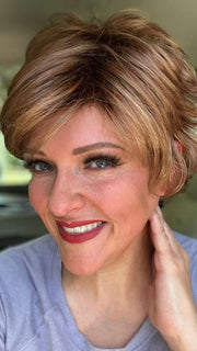 Marcie @wig.obsessed wearing VOLTAGE by RAQUEL WELCH WIGS in color SS29/33 ICED PUMPKIN SPICE | Strawberry Blonde shaded with Dark Red-Brown
