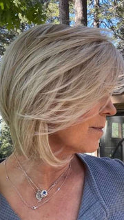 Susan @an_affair_with_hair wearing STRAIGHT UP WITH A TWIST by RAQUEL WELCH WIGS in color RL19/23 BISCUIT | Light Ash Blonde Evenly Blended with Cool Platinum Blonde
