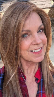 Susan @an_affair_with_hair wearing SHOW STOPPER by RAQUEL WELCH WIGS in color RL30/27 RUSTY AUBURN | Medium Auburn Evenly Blended with Strawberry Blonde
