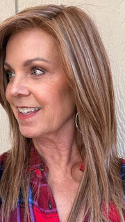 Susan @an_affair_with_hair wearing SHOW STOPPER by RAQUEL WELCH WIGS in color RL30/27 RUSTY AUBURN | Medium Auburn Evenly Blended with Strawberry Blonde
